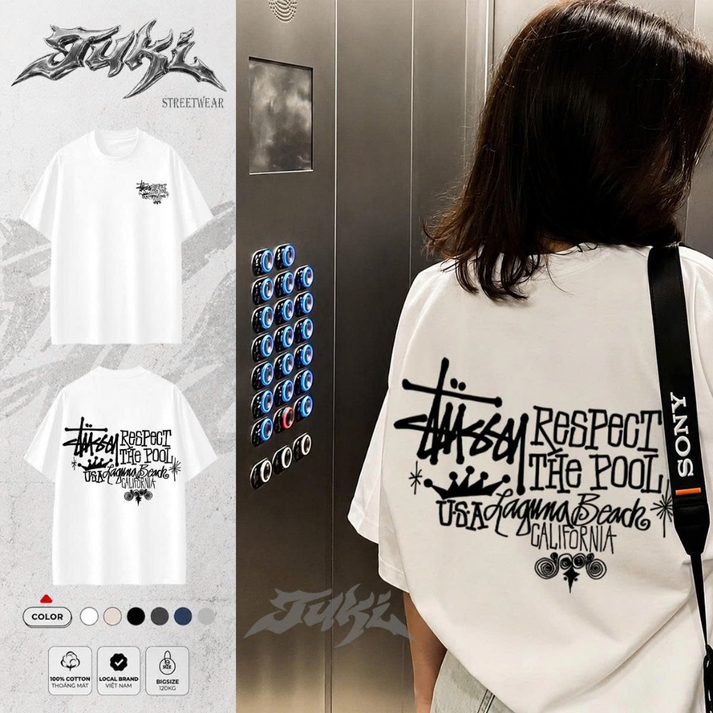 Áo Thun Oversize Nam Nữ Tuki Streetwear Stussy Respect The Pool Unisex
