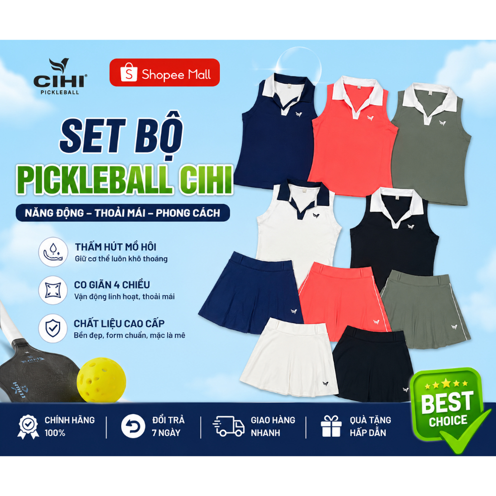 Set Bộ Pickleball CIHI Nữ Áo Polo Sát Nách + Chân Váy Thể Thao Co Giãn 4 Chiều