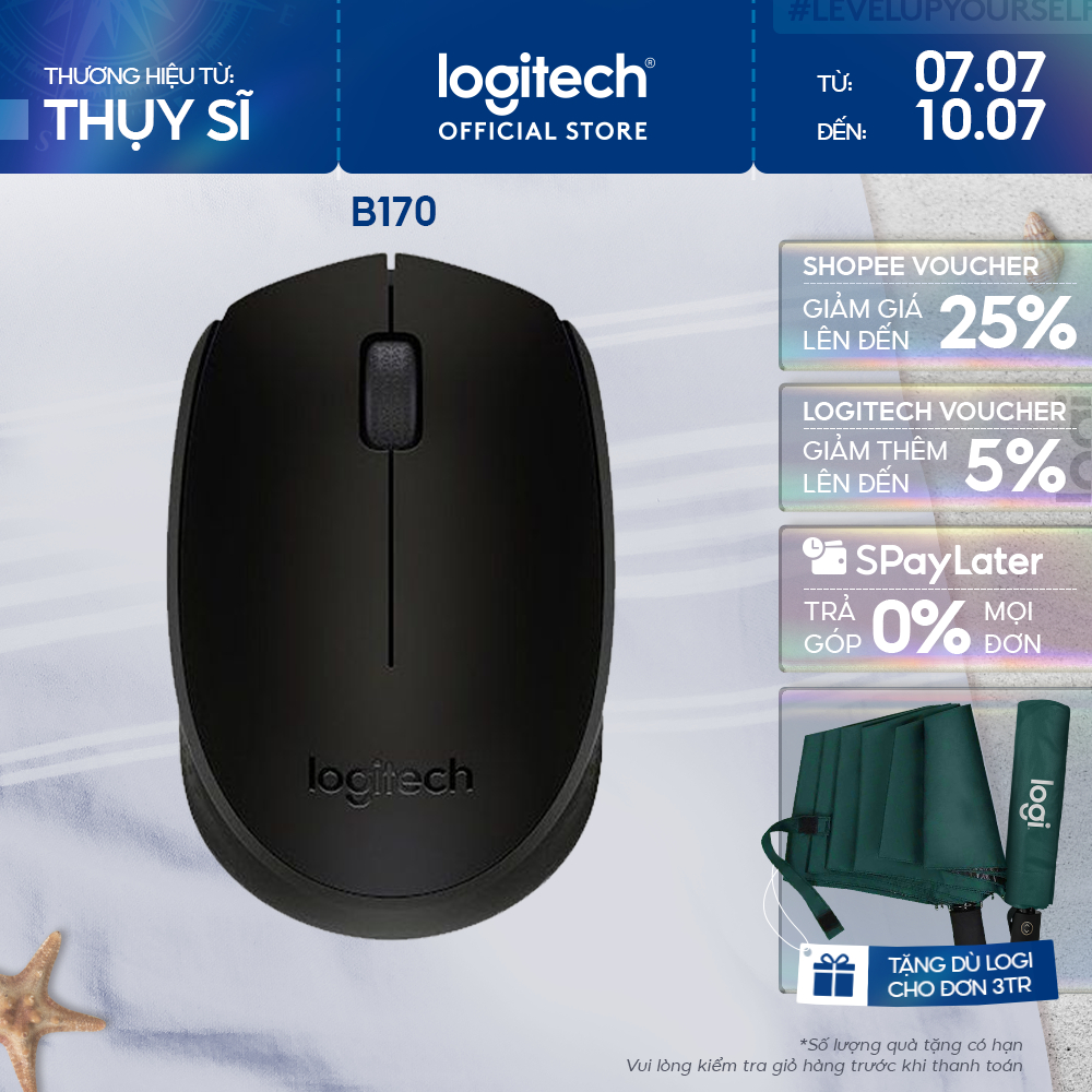 Chuột không dây Logitech B170 - USB, nhỏ gọn, thuận cả 2 tay, phù hợp PC/Laptop