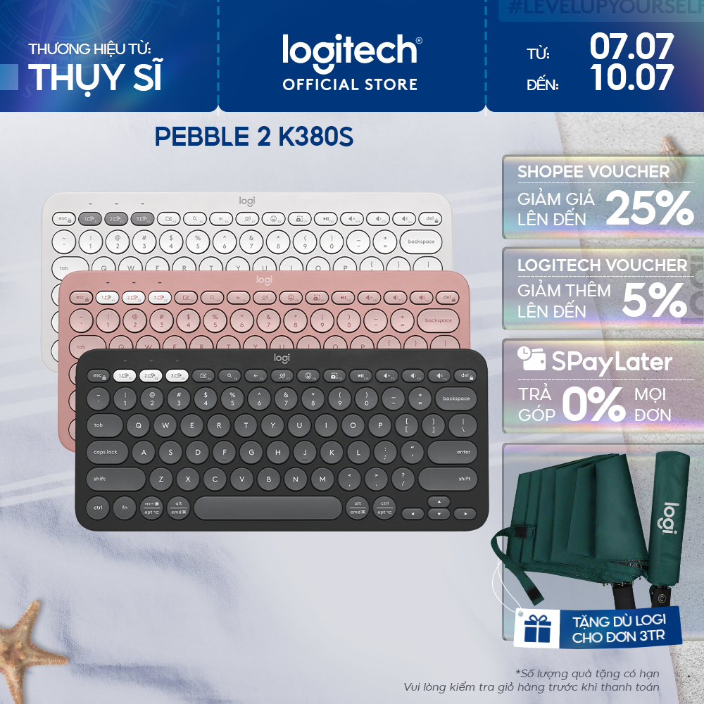 Bàn phím không dây Bluetooth Logitech Pebble K380 | K380s - giảm ồn, gọn nhẹ, đa thiết bị, Mac/ PC