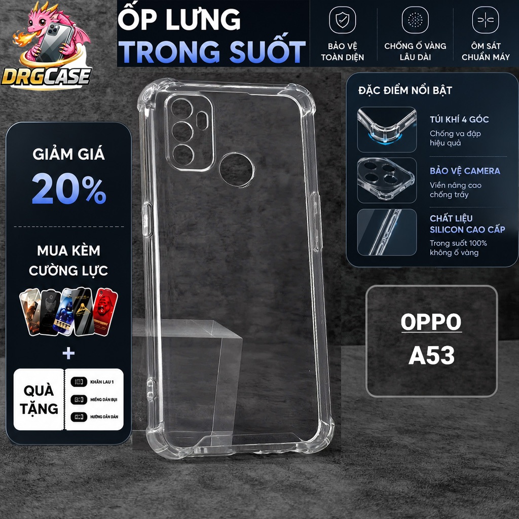 Ốp lưng Oppo A53 Dragoncase trơn trong suốt | Ốp điện thoại Oppo dẻo bảo vệ camera đt toàn diện