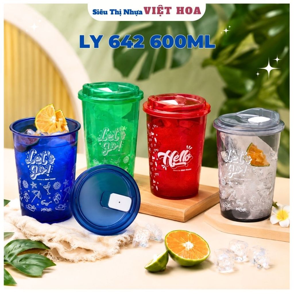 Ly Nước 600ml Nhựa Trong, Ly Nước Có Nắp Đậy, Ly 642 HTH