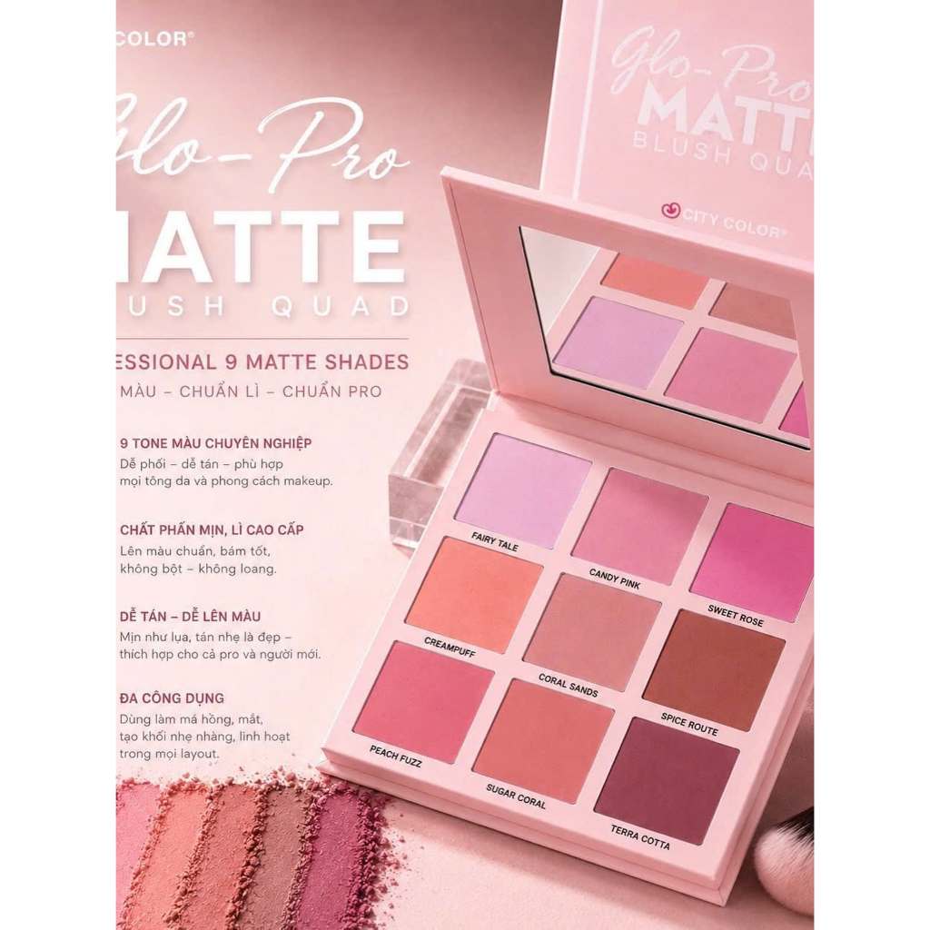 Bảng má hồng 9 ô City Color Glo-Pro Matte, tone màu trẻ trung, lâu trôi sắc nét