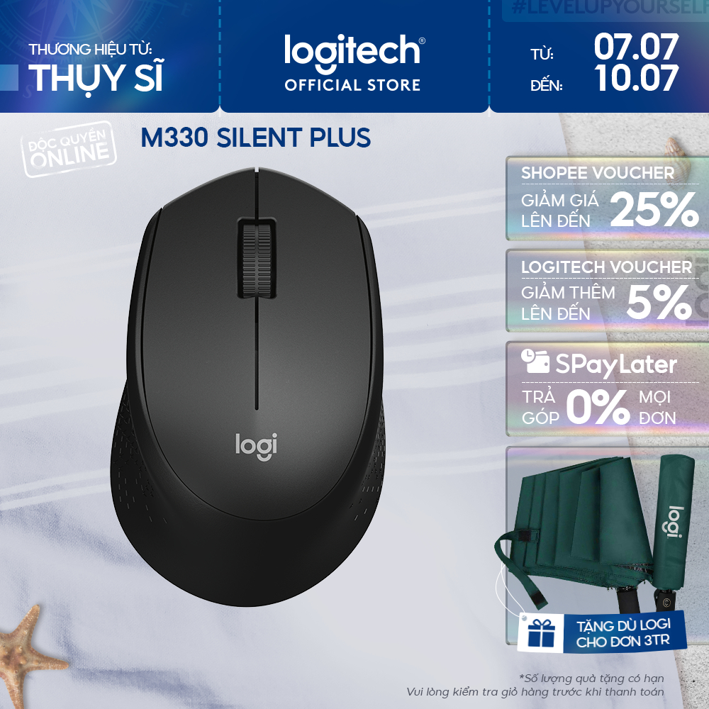 Chuột không dây Logitech M330 Silent Plus - Giảm ồn, USB, thuận tay phải, PC/ Laptop