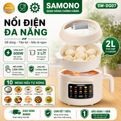 (Kèm Xửng Hấp) Nồi Điện Đa Năng Menu 10 Món, Dung Tích 2L  Màu Kem SAMONO SW-DG07- BH 1 năm