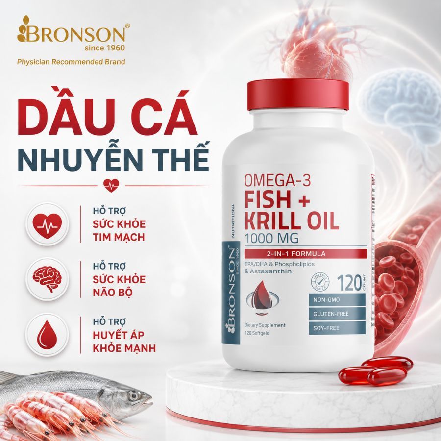 Viên Dầu Cá Nhuyễn Thể Bronson Omega-3 Fish & Krill Oil (1000mg - 120 viên) Hỗ Trợ Sức Khỏe Tim Mạch