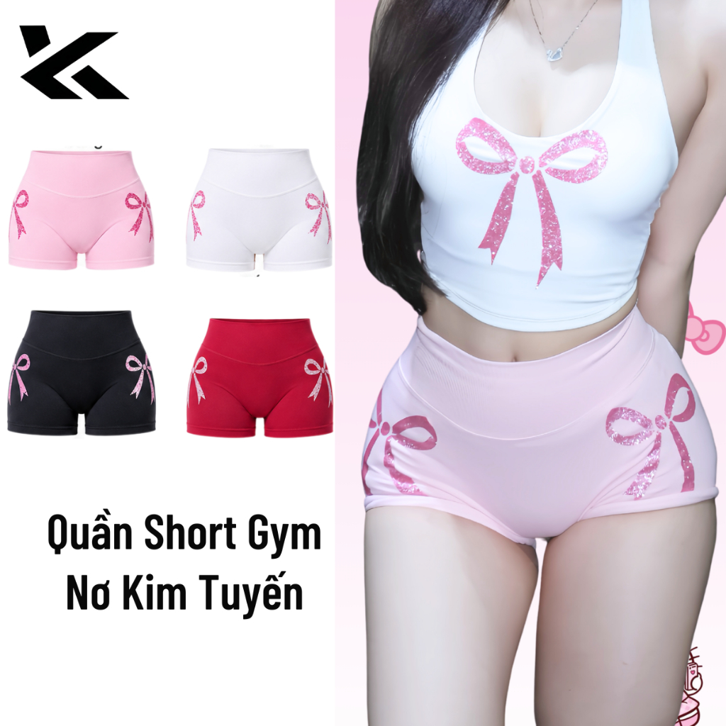 Quần short đùi nữ tập gym Họa Tiết Nơ Kim Tuyến dệt kim cạp thấp nâng V3 tôn body KUHESS 2026 - GN4