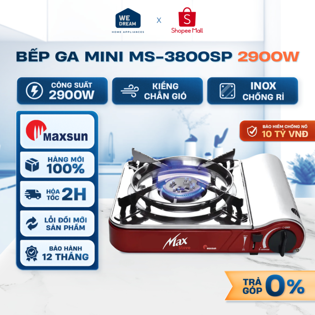 MS-3800SP - Bếp Gas Mini Maxsun MS-3800SP 2900W Inox Chống Rỉ Màu Đỏ - Hàng Chính Hãng, Mới 100%