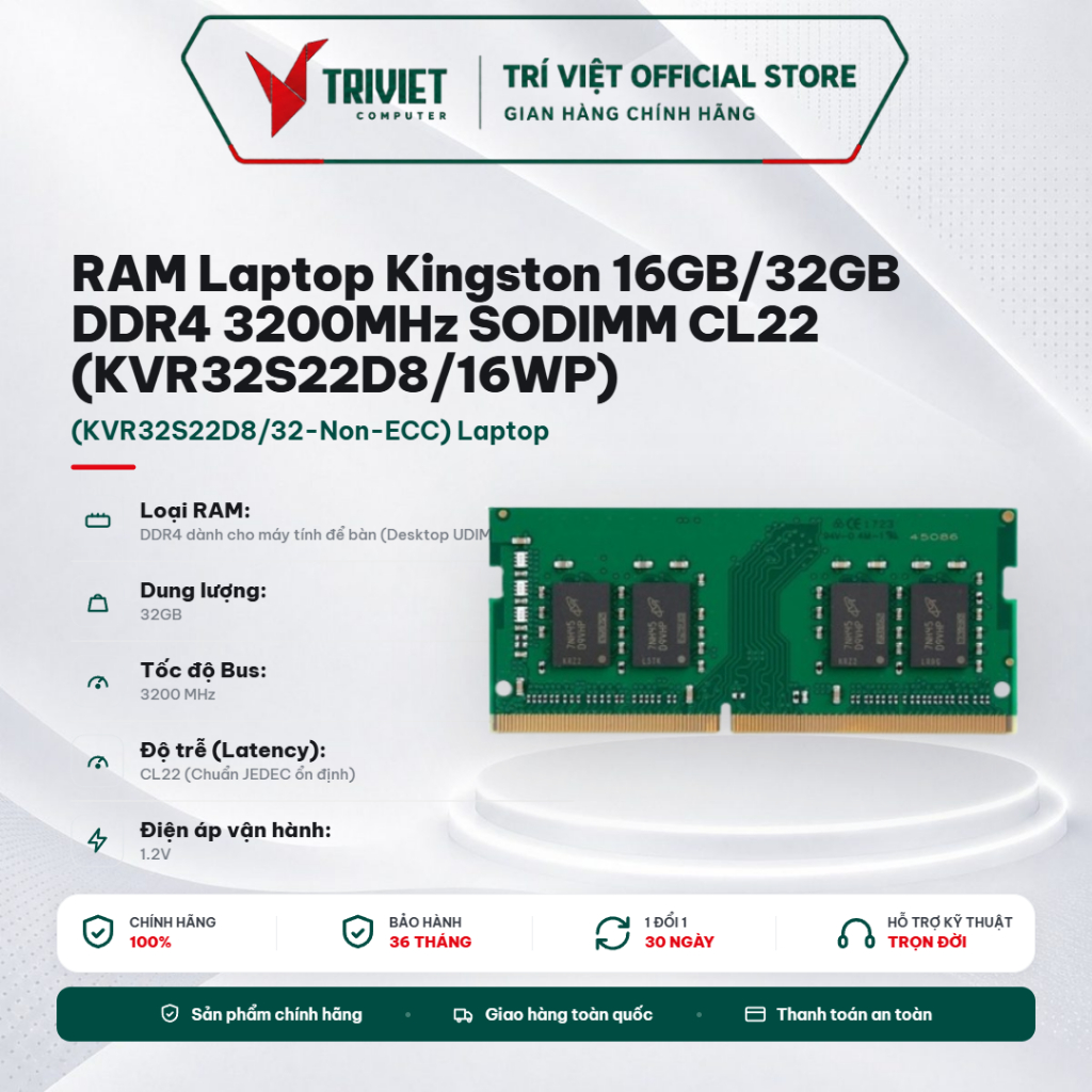 RAM Laptop Kingston 16GB/32GB DDR4 3200MHz SODIMM CL22 (KVR32S22D8/16WP) (KVR32S22D8/32-Non-ECC) Lap