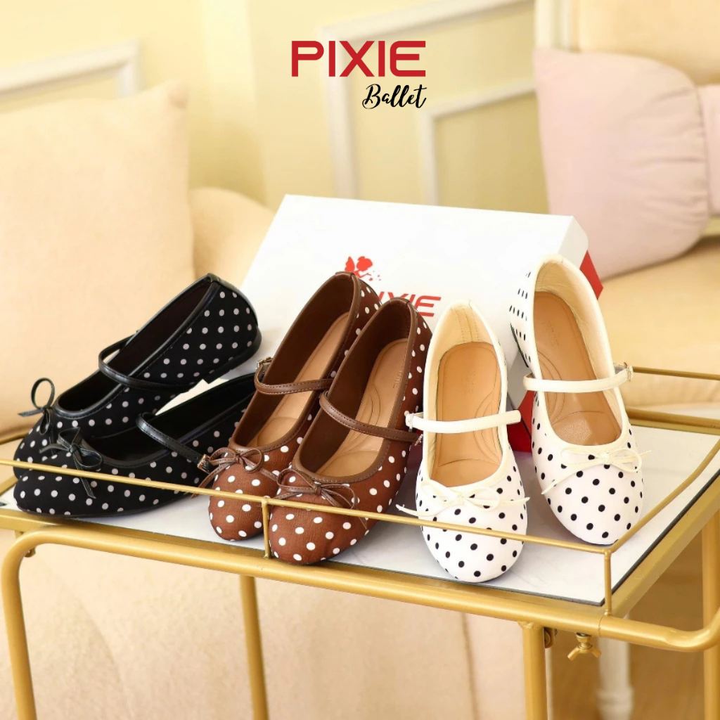 Giày Búp Bê Nữ Chấm Bi Đế Bệt Quai Ngang Phối Nơ Thời Trang Pixie H470