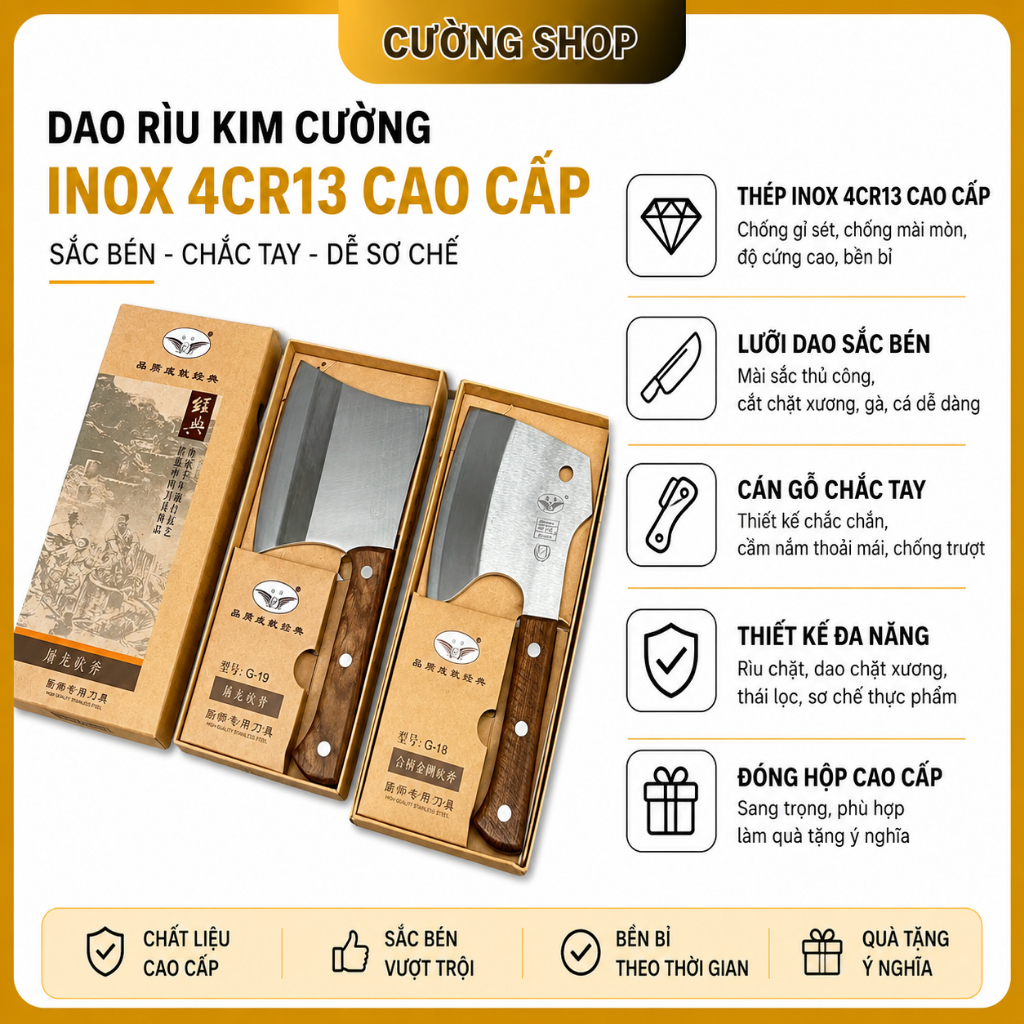 DAO RÌU KIM CƯƠNG INOX 4CR13 CAO CẤP – SẮC BÉN, CHẮC TAY, DỄ SƠ CHẾ