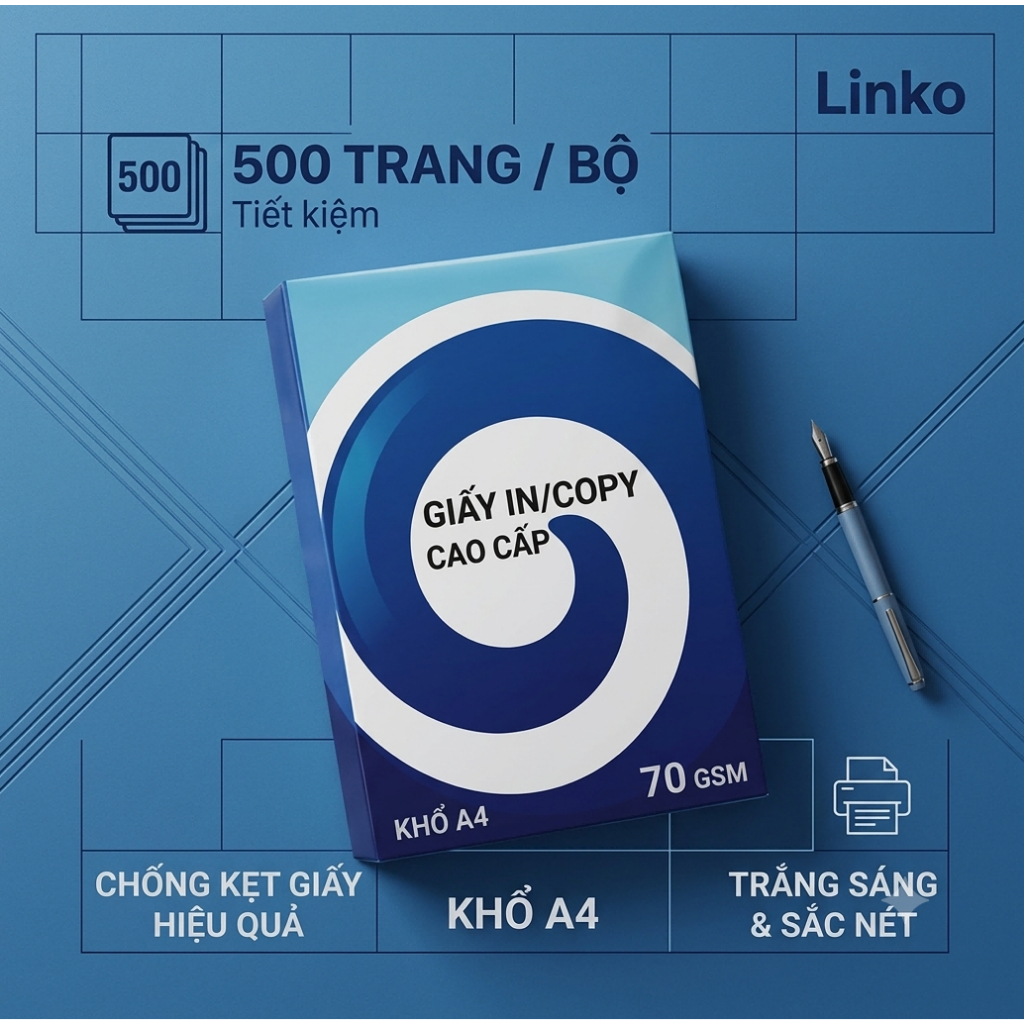 Giấy A4 LINKO 70gsm chất lượng cao: Bề mặt trắng sáng, chống kẹt giấy và hỗ trợ in hai mặt sắc nét