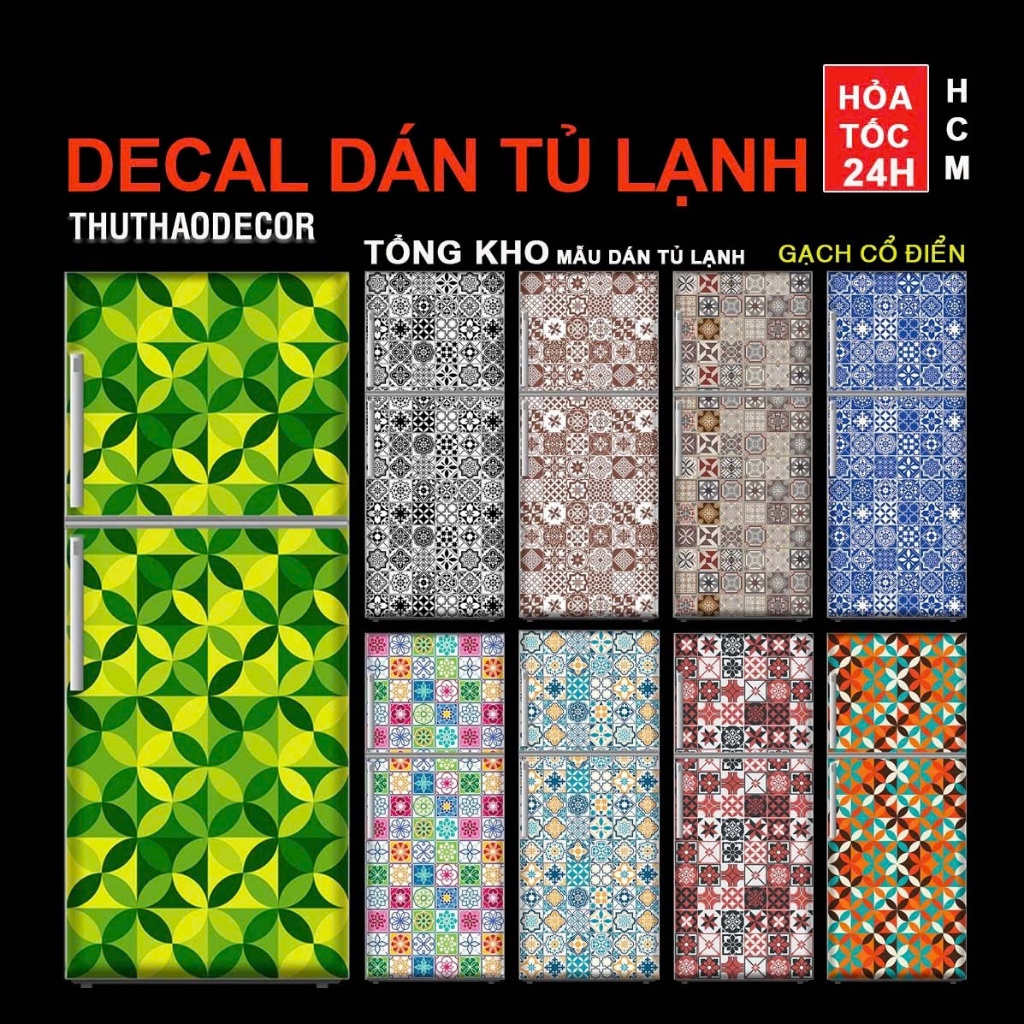 DECAL dán tủ lanh -Họa tiết GẠCH CỔ ĐIỂN -70x180 và 80x180 chống thấm nước.