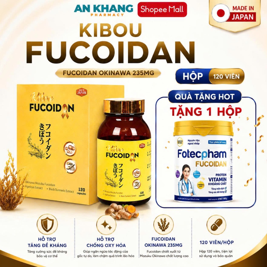 Viên Uống Kibou Fucoidan Nhật Bản (120 Viên) - Chiết Xuất Tảo Nâu Okinawa, Nấm Agaricus, Nghệ Đen Gi