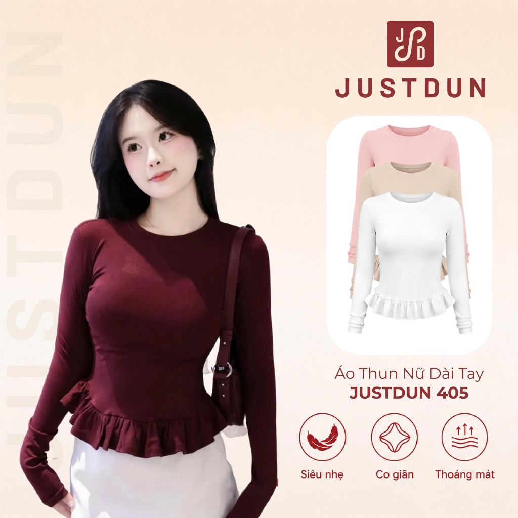 Áo Thun Nữ Dài Tay Ôm Body JUSTDUN 405 - Phối Viền Bèo Xinh, Cotton Mịn Cao…