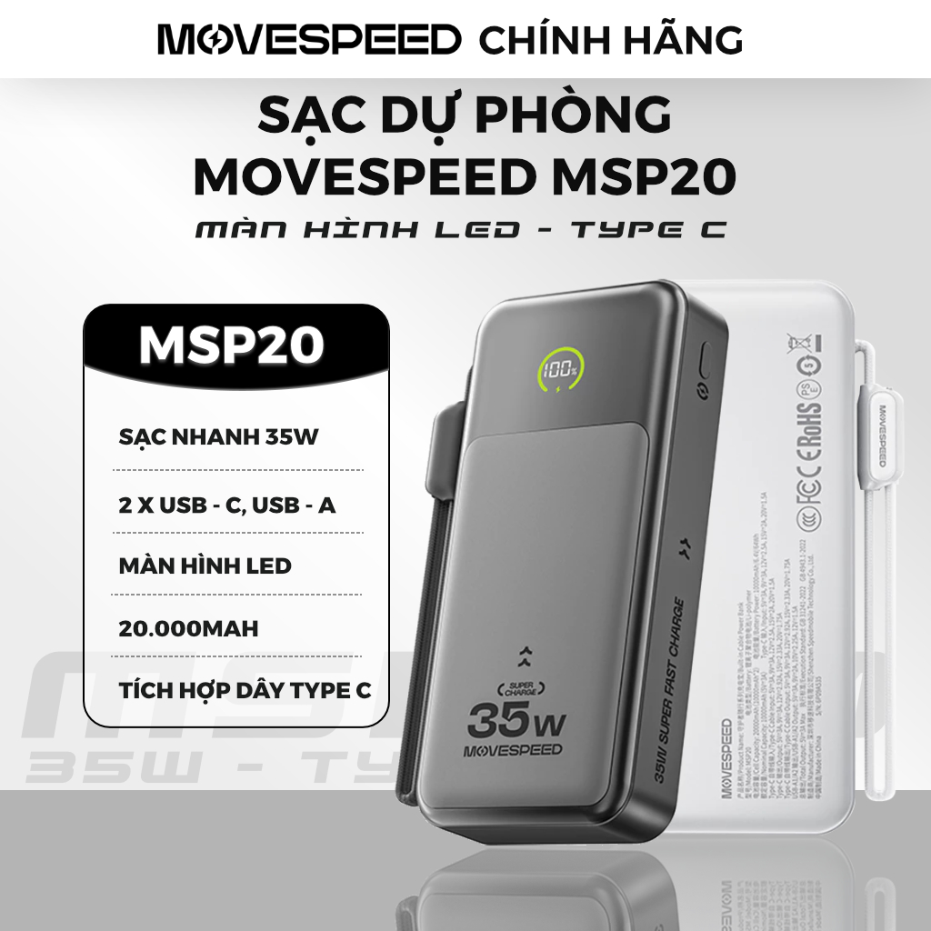Sạc dự phòng Movespeed 20000mAh 22.5W sạc nhanh | MSP19 | MSP20 | Bảo hành 12 tháng