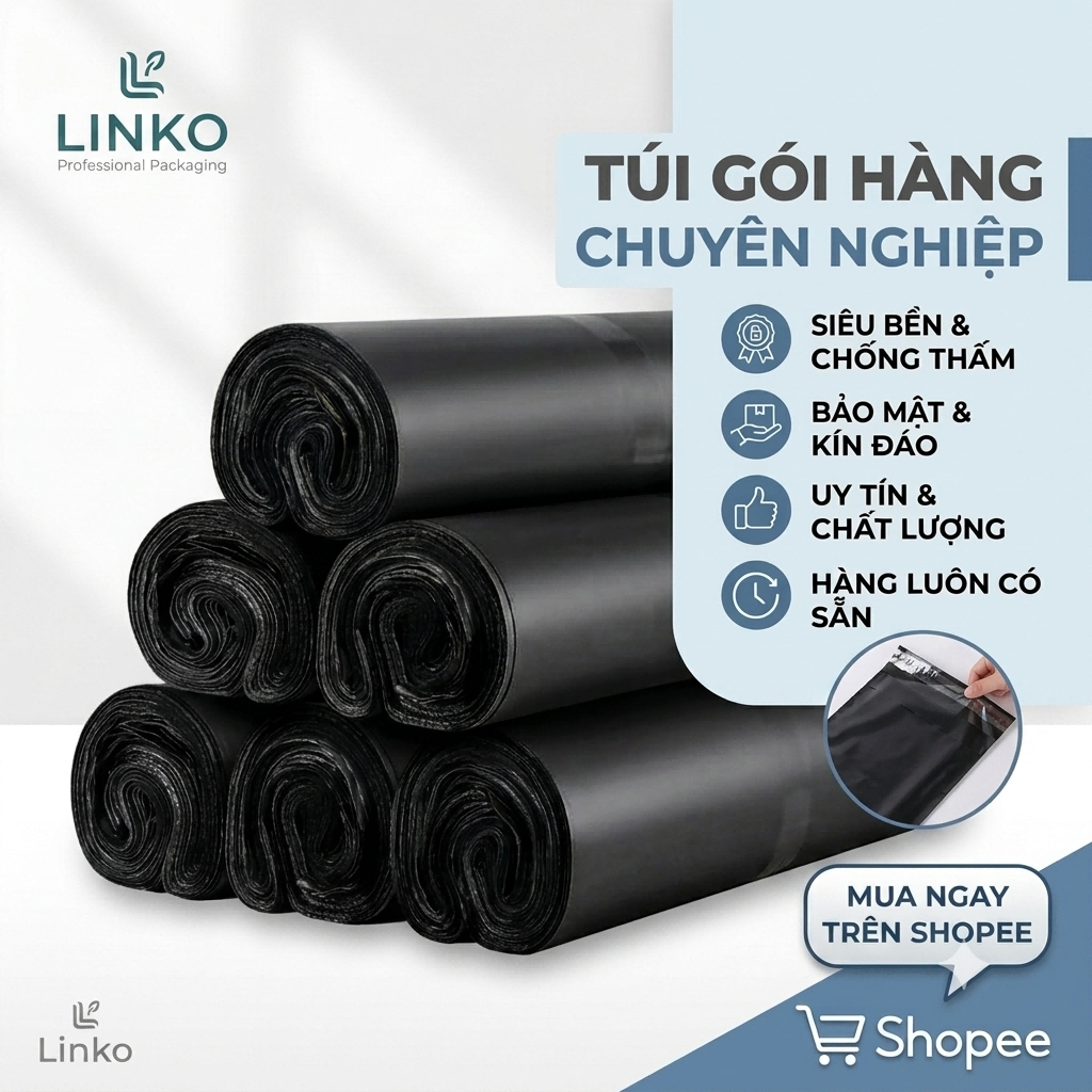 Túi niêm phong đen LINKO: Nhựa PE siêu dày, chống thấm cực tốt, đủ size từ 17x30 đến 50x65