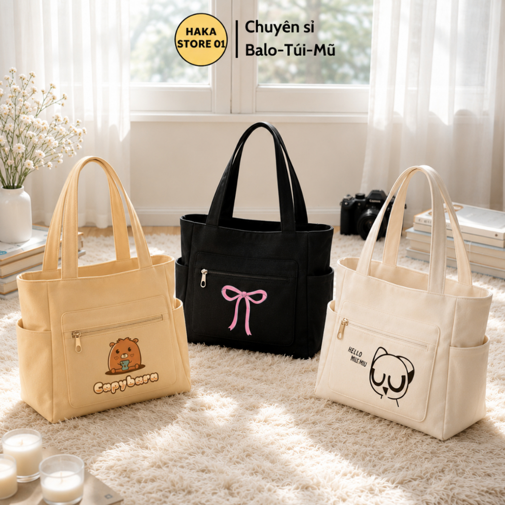 Túi tote túi vải canvas phong cách Hàn quốc, có khóa miệng ngăn phụ ngoài thời trang ulzzang-Haka st