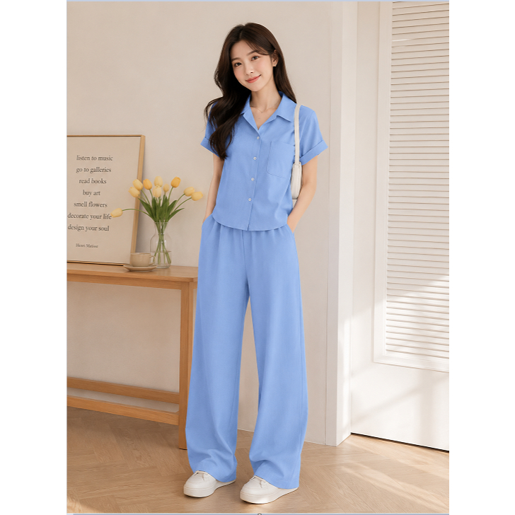 Set Bộ Nữ Sơ Mi Quần Suông Dài - Áo Sơ Mi Ngắn Tay Hến - Chất Liệu Đũi Vân Mây BTL-903