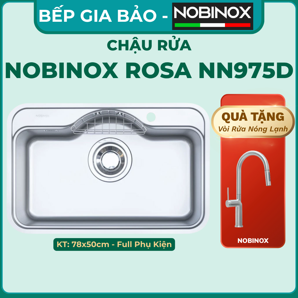 CHẬU RỬA BÁT 1 HỐ NOBINOX ROSA NN975D, bảo hành 10 năm toàn quốc NOBINOX ROSA NN975D, KT: 78x50cm