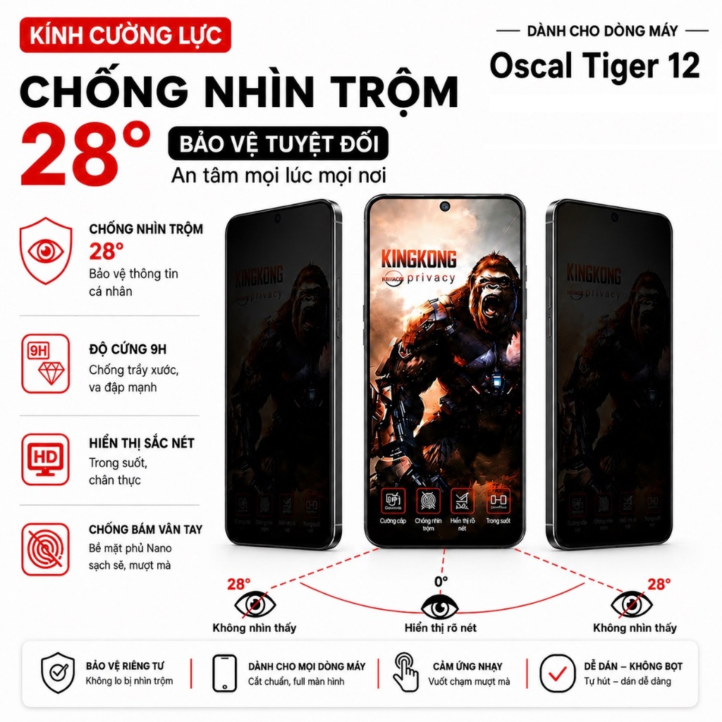 Kính cường lực chống nhìn trộm KINGKONG Dành Cho Oscal Tiger 12 bảo vệ sự riêng tư