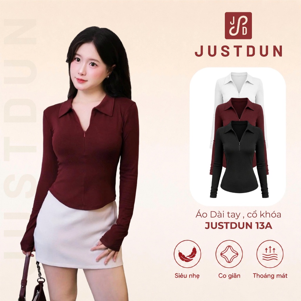 [Mở Bán] Áo Thun Nữ JUSTDUN 13A - Tay Dài, Ôm Body, Cổ Bẻ Phối Khóa Kéo, Dáng Vạt Bầu, Cotton Mịn