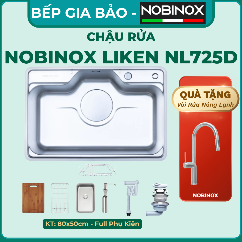 CHẬU RỬA BÁT NOBINOX LIKEN NL725D, Bảo hành 10 năm, NOBINOX LIKEN NL725D 80x50x22cm