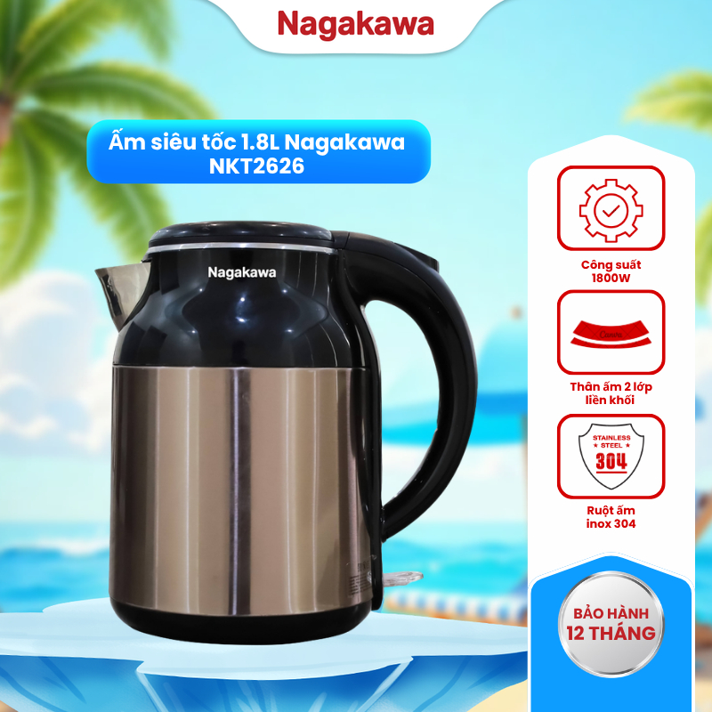 Ấm đun siêu tốc, bình siêu tốc đun nước 1.8L Nagakawa NKT2626, sôi nhanh, tiết kiệm thời gian, bảo h