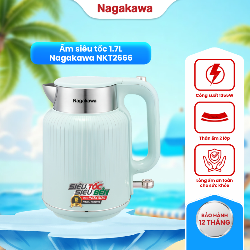 Bình đun siêu tốc 1.7L Nagakawa, ấm siêu tốc đun nước NKT2666, chất liệu inox 304, bảo hành 12 tháng