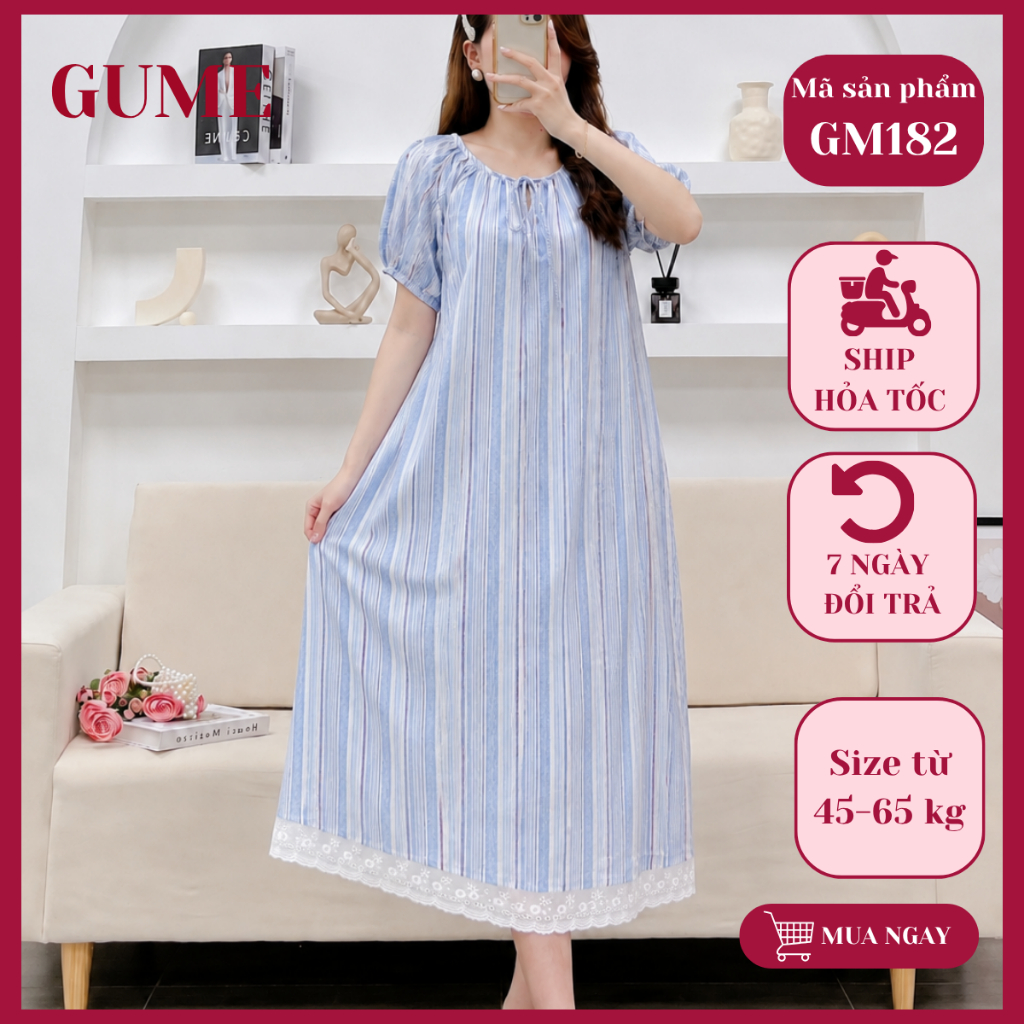 Đầm Bầu Maxi GUME kẻ Sọc Xanh Phối Ren Cao Cấp Dáng Suông maxi dài 125cm size 40-100kg GM182