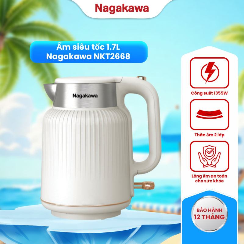 Bình đun nước siêu tốc 1.7L Nagakawa 2 lớp NKT2668, nhựa cao cấp & inox 304, rơ le kép an toàn, bảo 