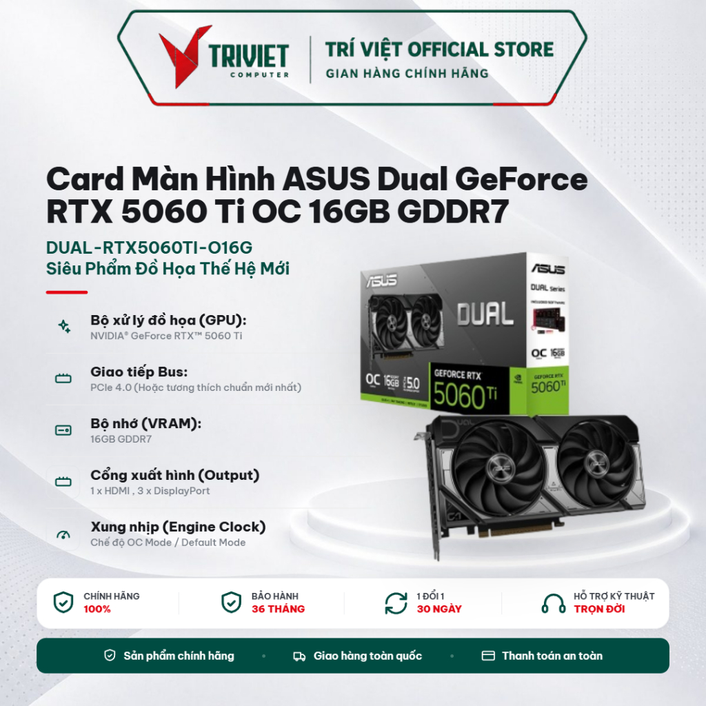 Card Màn Hình ASUS Dual GeForce RTX 5060 Ti OC 16GB GDDR7 DUAL-RTX5060TI-O16G – Siêu Phẩm Đồ Họa Thế