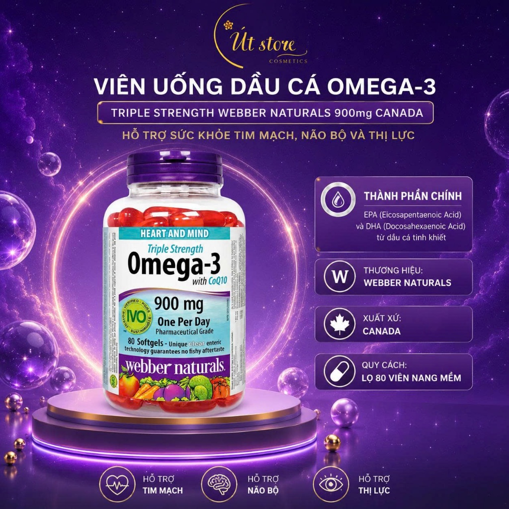 Viên Uống Dầu Cá Hỗ Trợ Sức Khỏe Webber Naturals Triple Strength Omega-3/Omega-3 With CoQ10