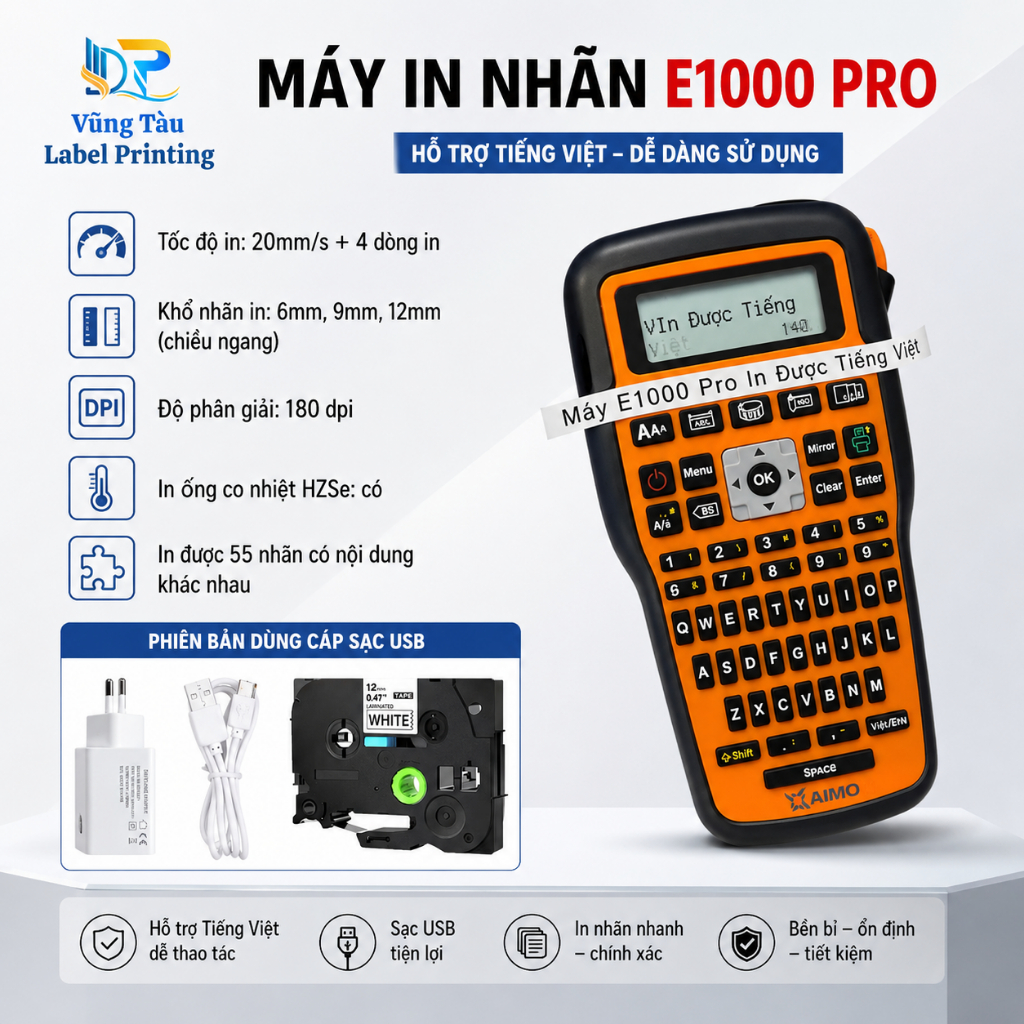Máy in nhãn cầm tay AIMO E1000 PRO (VN) NEW  Hỏa tốc Vũng Tàu có hóa đơn VAT