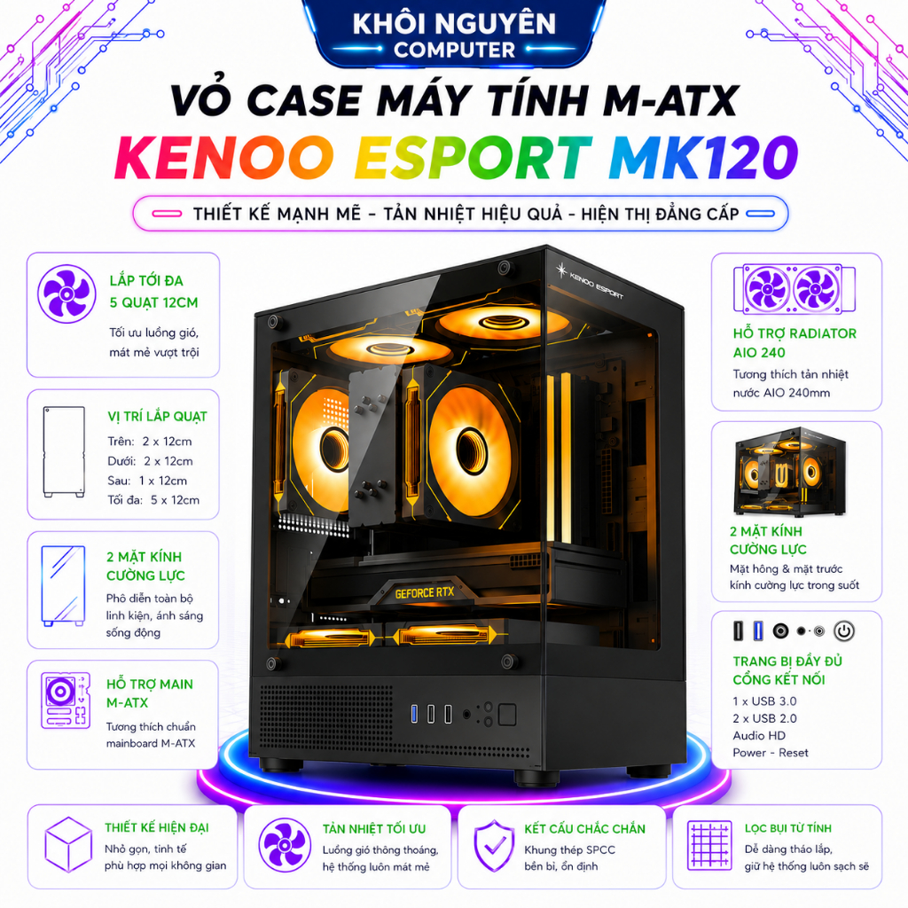 Vỏ Case KENOO ESPORT MK120 M-ATX Đen – Lắp 5 Fan 12cm, Nhỏ Gọn, Airflow Tốt, Giá Tốt