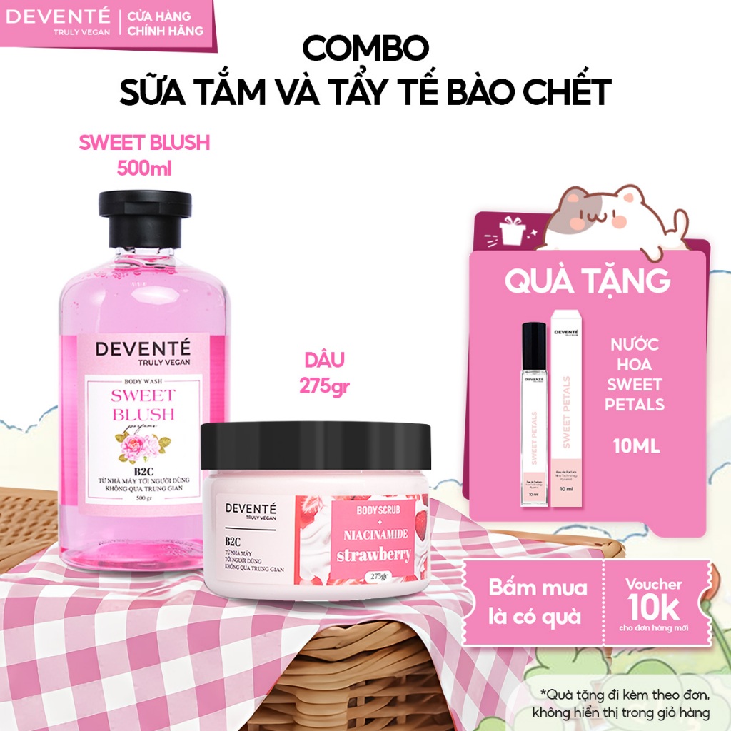 [TẶNG FULLSIZE] Combo Sữa Tắm Nước Hoa DEVENTE 500G + Tẩy Tế Bào Chết Body DEVENTE 275G