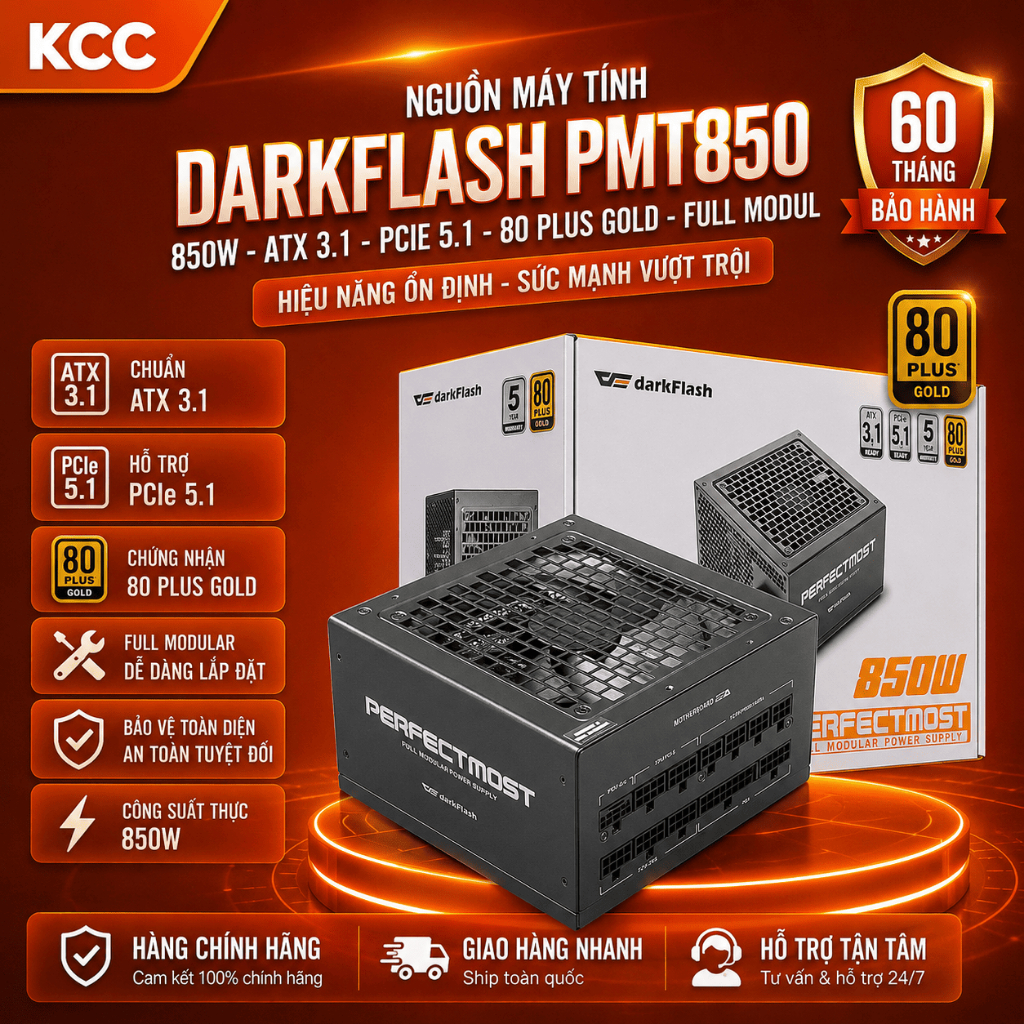Nguồn Máy Tính Darkflash PMT850 - 850w (ATX 3.1 - PCIe 5.1 80 Plus Gold - Full Modul) Chính hãng, bề
