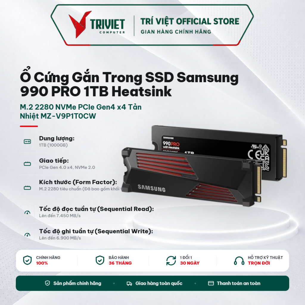 Ổ Cứng Gắn Trong SSD Samsung 990 PRO 1TB Heatsink M.2 2280 NVMe PCIe Gen4 x4 Tản Nhiệt MZ-V9P1T0CW