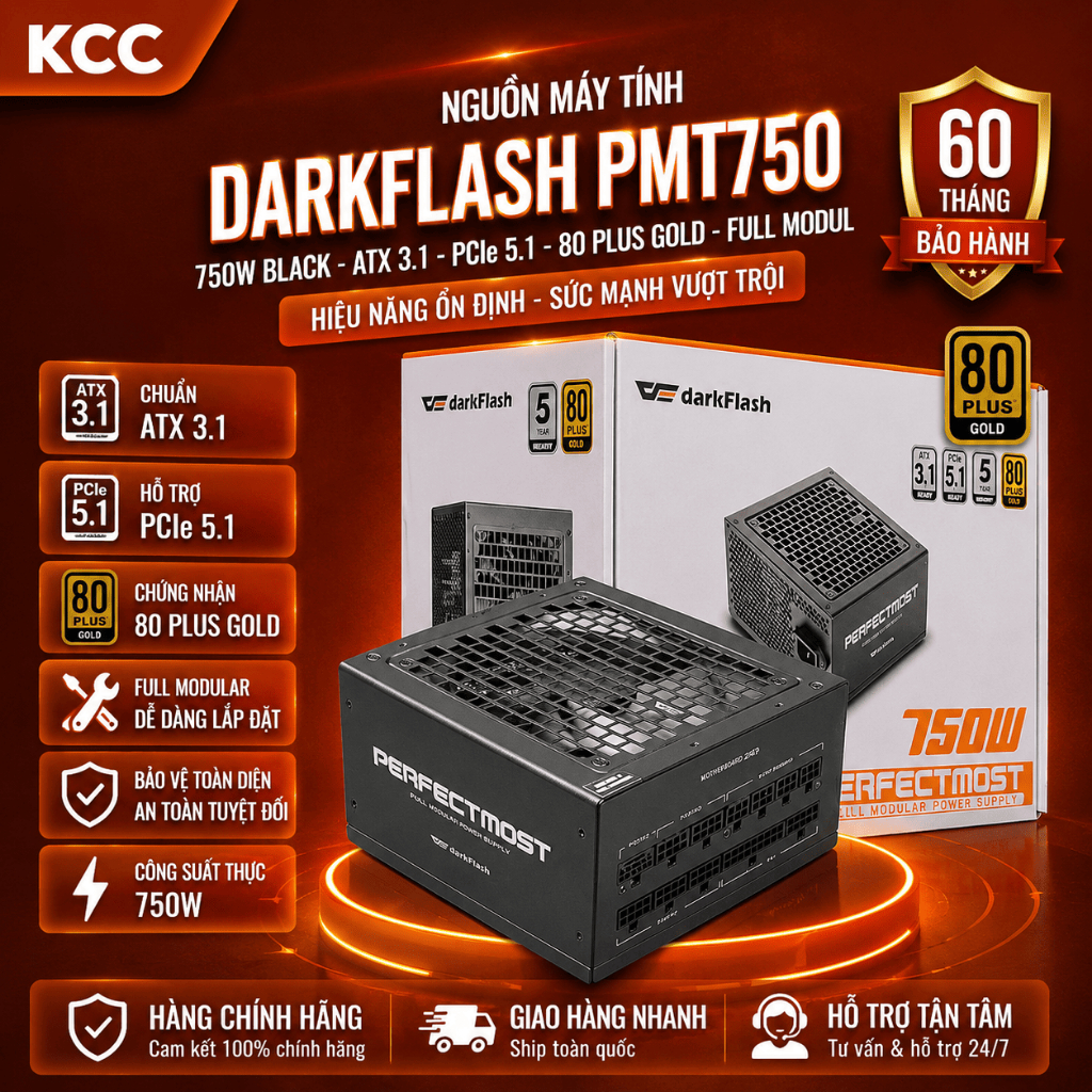 Nguồn Máy Tính Darkflash PMT750 - 750w Black (ATX 3.1 - PCIe 5.1 80 Plus Gold - Full Modul) chính hã