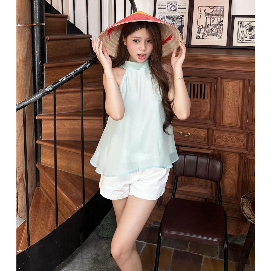 Katie Top - Áo hai dây nữ cổ yếm dáng xòe xanh ngọc