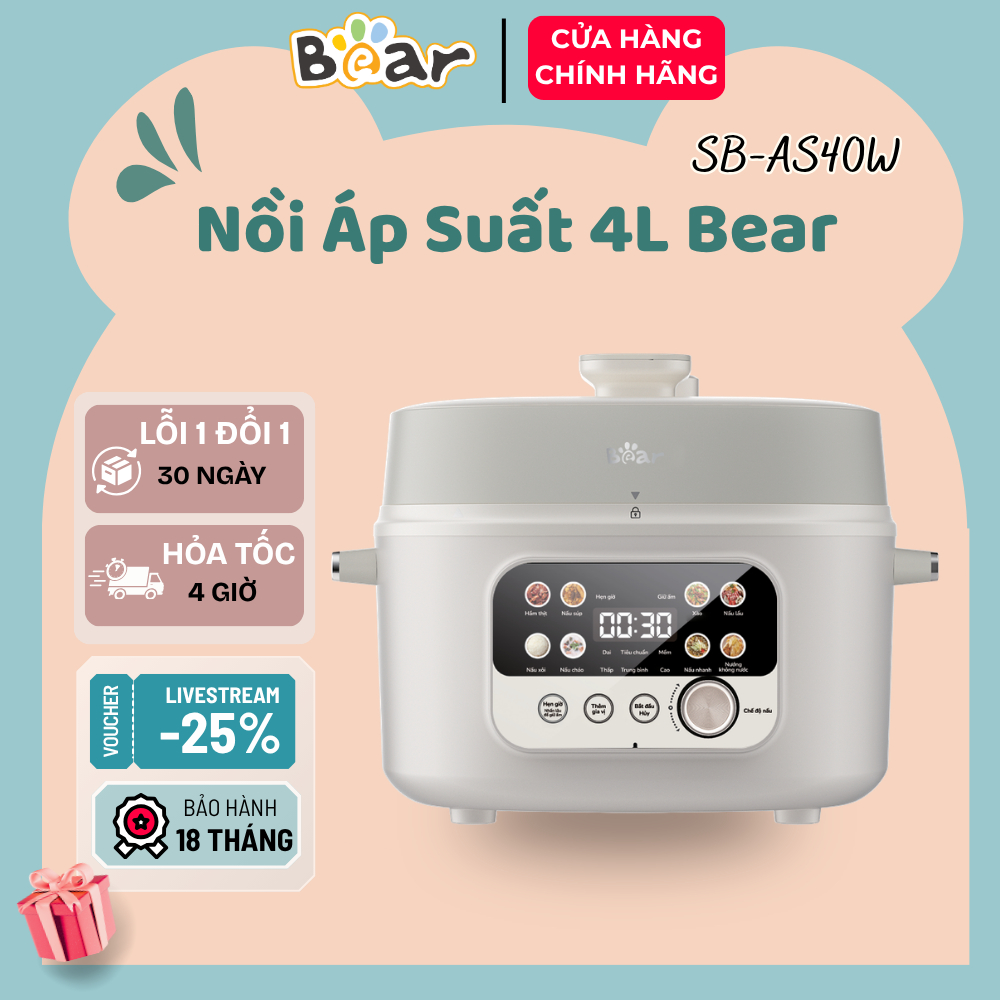 Nồi Áp Suất Điện Bear 4L Nồi Hầm Đa Năng Nút Xả Áp An Toàn Thông Minh Bảo Hành 18 Tháng SB-AS40W