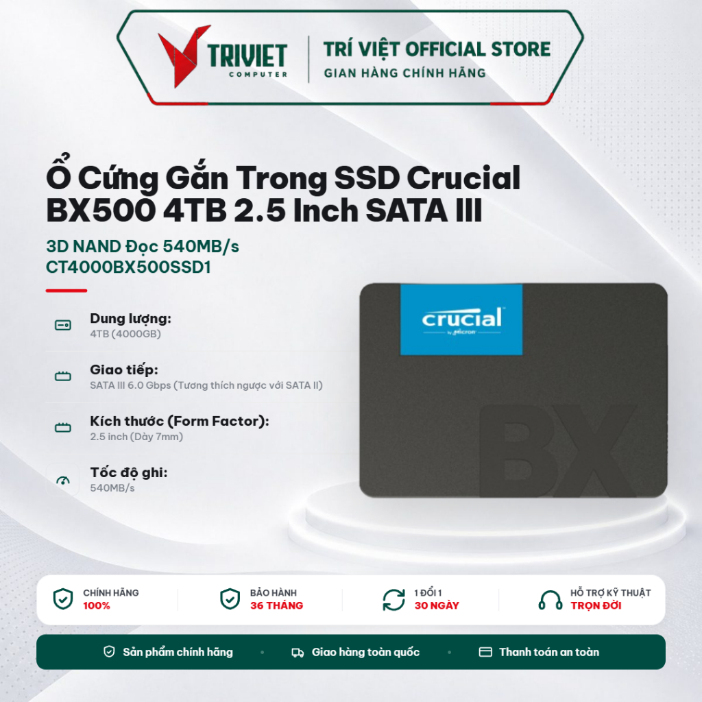 Ổ Cứng Gắn Trong SSD Crucial BX500 4TB 2.5 Inch SATA III 3D NAND Đọc 540MB/s CT4000BX500SSD1