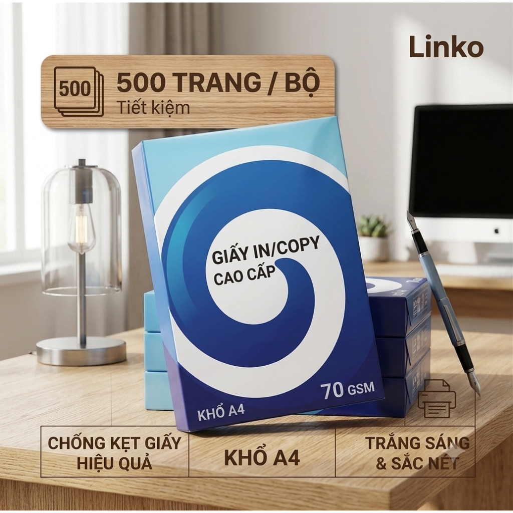 Giấy A4 LINKO 70gsm cao cấp: Độ trắng sáng tối ưu, chống kẹt giấy và hỗ trợ in hai mặt sắc nét.