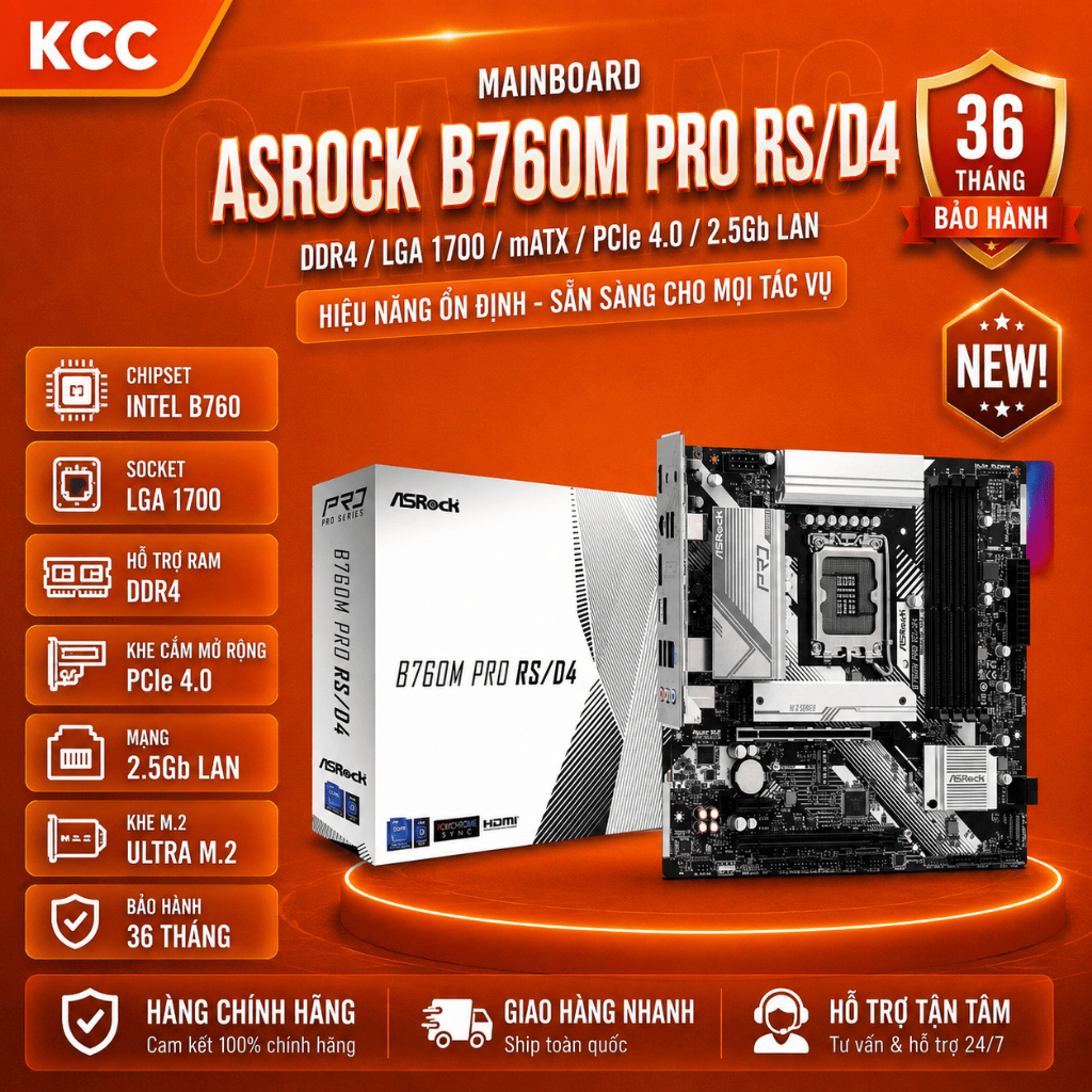 Mainboard ASRock B760M Pro RS/D4 DDR4  -  chính hãng bảo hành 3 năm