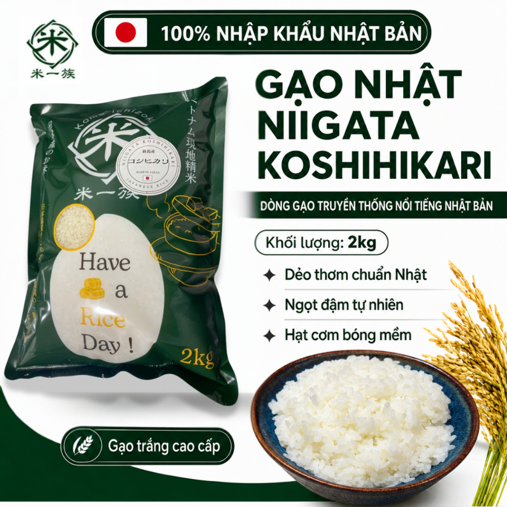 Gạo Nhật Niigata Koshihikari 2kg – Dòng Gạo Truyền Thống Nổi Tiếng Nhật Bản, Dẻo Ngọt Chuẩn Cơm Nhật