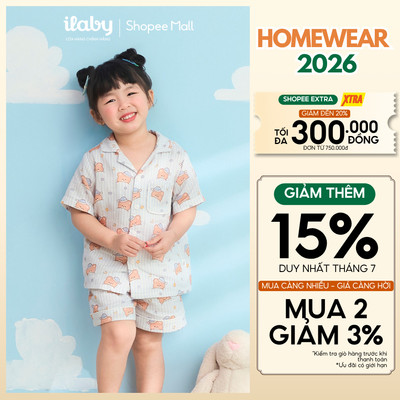 Quần áo cộc tay cho bé gái ILABY pijama cộc tay cotton cao cấp họa tiết gấu size đại 9-40kg [3925]