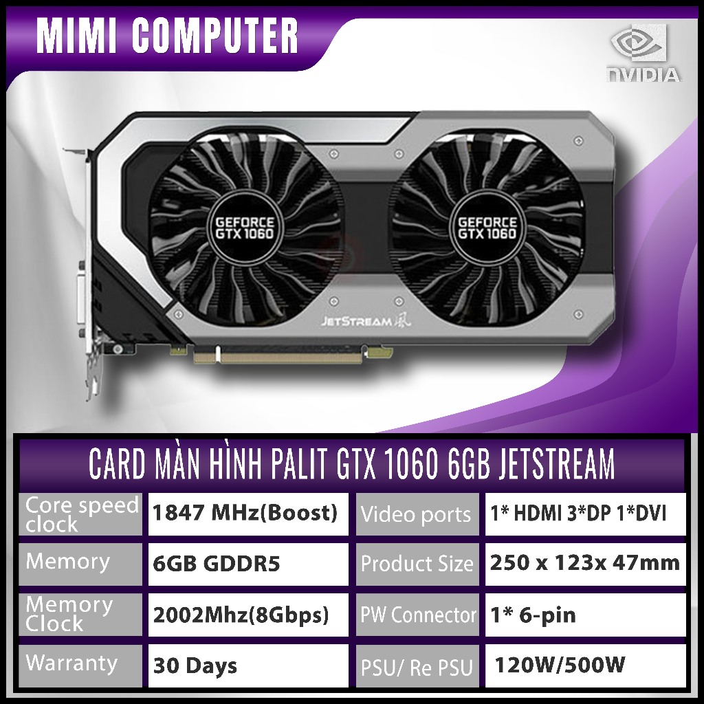 Card màn hình Palit GTX 1060 super Jetstream - dual 6GB 3GB GDDR5 LED RGB 2nd