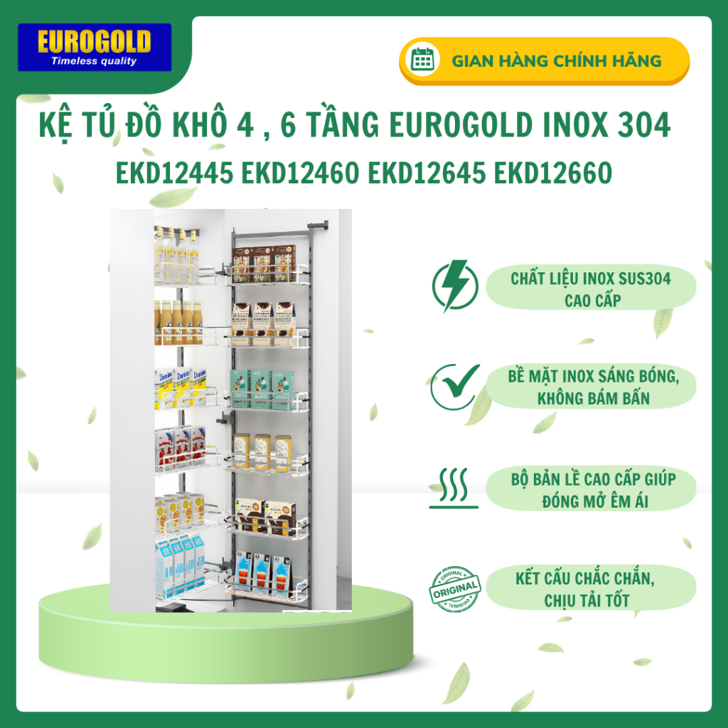 Kệ Tủ Đồ Khô 4, 6 Tầng Eurogold Inox 304 Nan Dẹt Cánh Mở EKD12445/ EKD12460/ EKD12645/ EKD12660