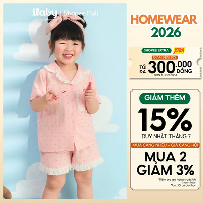 [ILABY 10-40kg] Đồ bộ mặc nhà bé gái, đồ bộ pijama cộc tay vải đũi xốp họa tiết trái tim [3870]