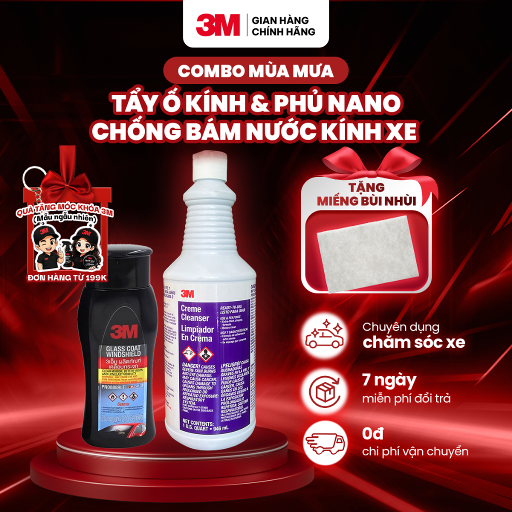 [Combo Mùa Mưa] Bảo Dưỡng Tẩy Ố Kính và Nano Chống Bám Nước kính 3M 8889LT